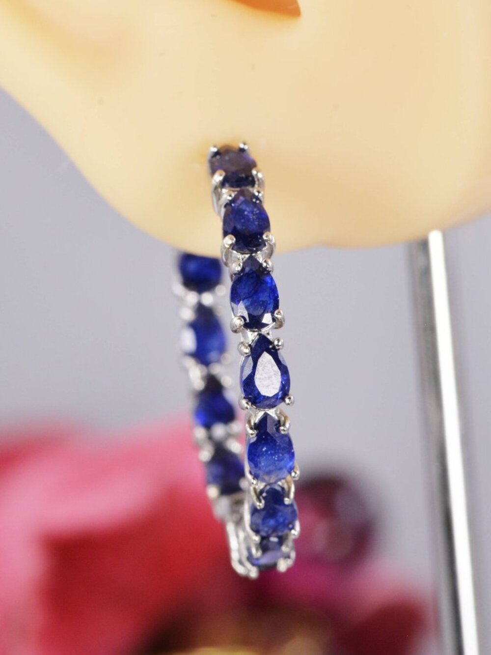 Natural Genuine Blue Sapphire Inside Out Hoop Earrings 925 Sterling Silver